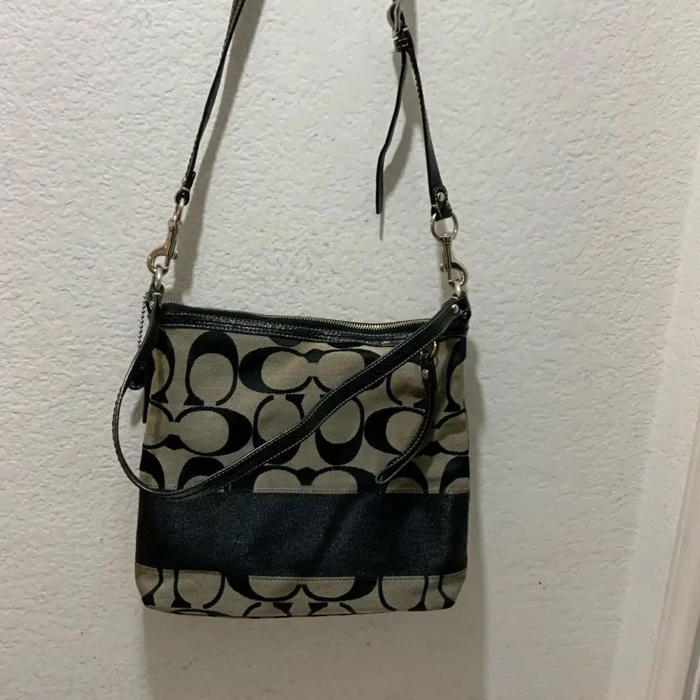 Authentic COACH Signature Shoulder Bag Purse Canvas Leather F13674 Gray